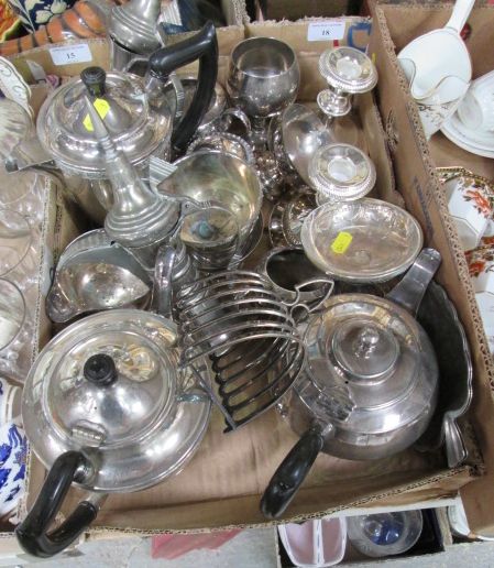 Assorted silver plated items including a tea set, a toast rack and pedestal bowls (1 box)