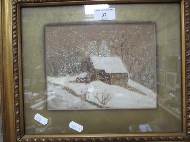 An early 20th century gouache and watercolour, winter scene depicting a cottage and figures on