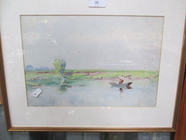 W Grant Murry, watercolour, figure punting on river with trees and fields to background, signed to