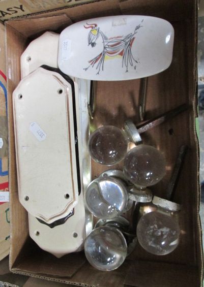 Assorted 19th century and later ceramic finger plates, a 1950s brass and ceramic hook bracket plus