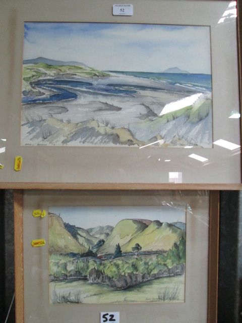 John Coulson, two watercolours depicting a beach and a house nestling within hills