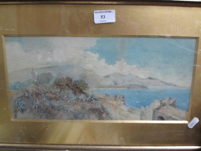 An early 20th century Continental watercolour depicting a sea wall with figures and mountains to