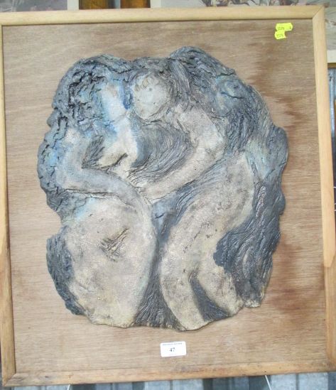 A Signe Kolding ceramic wall panel entitled 'Us Two' mounted on a wooden frame