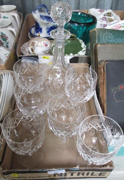 A Webb Corbett cut glass decanter and six matching wine glasses