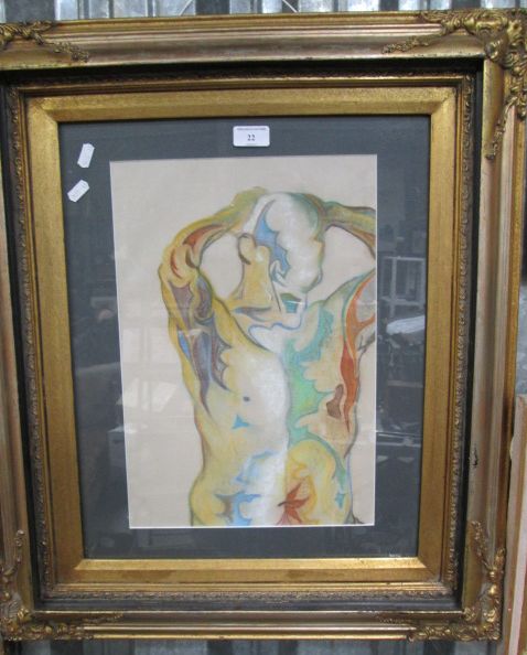 A 20th century pastel depicting a male torso signed J A C and dated '95 and housed in an ornate gilt