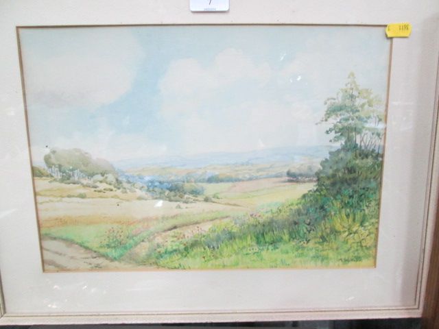 M. Strickland, watercolour, landscape depicting fields, trees and poppies