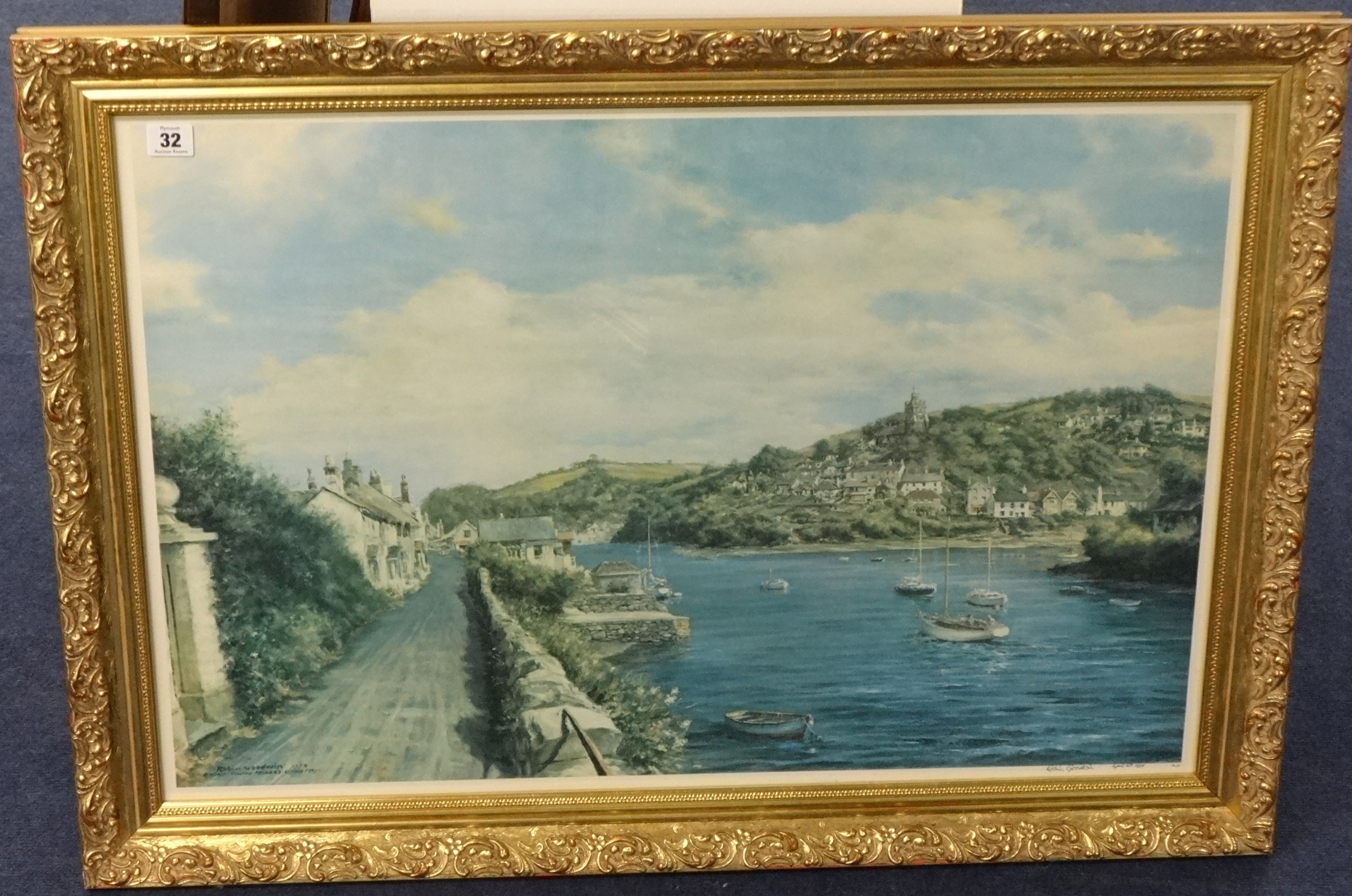 ROBIN GOODWIN signed print 1979 `River Yealm, Newton Ferrers and Noss Mayo`, 55cm x 80cm t/w