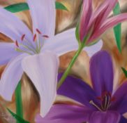SUE WILLS acrylic on boxed canvas `Star Lily`, 60cm x 60cm
