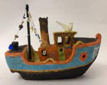 SHIRLEY FOOTE a sculpted model of a Cornish Fishing Boat, 36cm wide, Shirley Foote studied at the