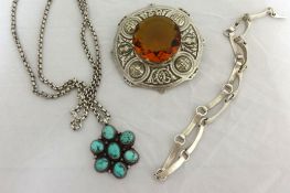 Scottish sash brooch, silver and turquoise pendant and a bracelet