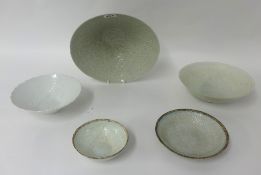 Five Chinese celadon style dishes, largest 26cm diameter