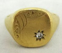 9ct Gents gold signet ring set with diamonds, size V