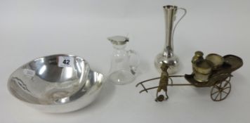 Silver and glass whiskey tot, WMF vase, Chinese rickshaw condiment set and modern dish
