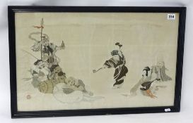 Chinese needlework silk picture and four other Chinese scenes including etching `Willow Lady`