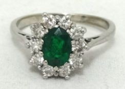 Emerald and diamond cluster ring, size J
