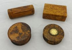 Circular log yew wood snuff box, and amboyna snuff box and two circular boxes (4)