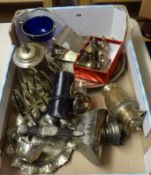 Eight silver condiments and various silver plated items also a Scottish Dirk