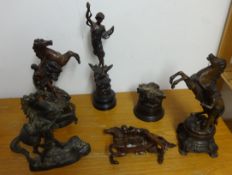 Two pairs of spelter Marley horses and French spelter figure (5)