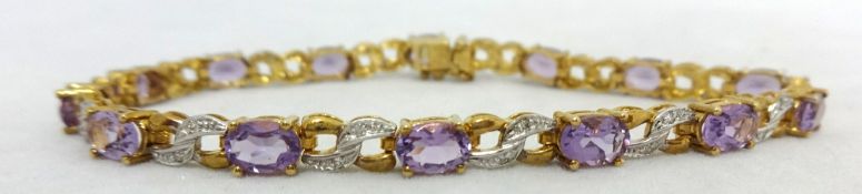 9ct carat diamond and amethyst bracelet, 19cm