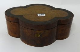 Victorian burr walnut shaped jewellery box with fitted interior and mirror with brass inlaid border