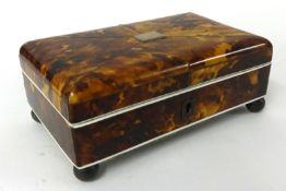 A 19th century tortoishell sewing box with metal inlay and fitted interior, 15cm x 8cm