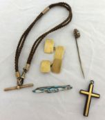 Pair gold cufflinks, 15ct stick pin, hair albert and Guilloche brooch and cross
