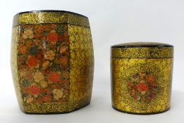 Two Middle Eastern paper mache hand painted and gilded spice jars, one with metal liners