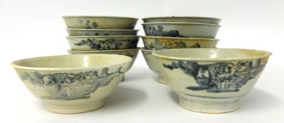 TEK SING CARGO ten blue and white circular bowls with slightly flared sides decorated with a block