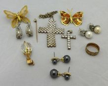 A pair of pearl and diamond style set earrings, various costume jewellery and boxed old cut diamond