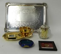 Silver plated serving tray, silver and glass jam jar, Royal Winton cup and saucer and other objects