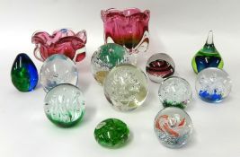 Eleven glass paperweights and two Bohemian glass art vases