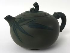 Chinese miniature stoneware, Yixing Style, green glazed teapot with impressed marks