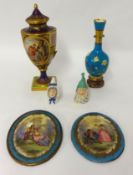 Two 19th porcelain candle snuffers, pair of Sevres style porcelain plaques, Vienna porcelain vase