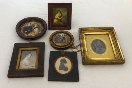Pratt ware pot lid cover `Bear, Lion and Cock`, five various portrait miniatures (6)
