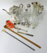 Trench Art style coffee pot, various glass ware, EP tea pot and crested Westwood Ho` salt and