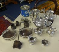Various silver plated tea service wares, pair EP wine bottle coasters, back scratcher etc..