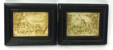 Pair of French deep relief plaques, Louis Villeors in carved frames, 24cm x 30cm
