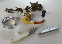 Silver mop fruit knives, miniature coronation coach, mop and silver handle, napkin ring and pipe.