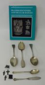 Five Pilgrim souvenirs, Georgian and other silver spoons and book