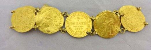 Foreign gold coin bracelet 35g with seven coins including 1869 5 pybean, 1804 Concordia, 1780