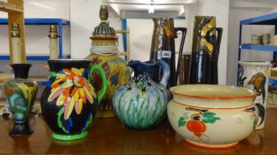 Various Art pottery including pair tall peacock jugs, Gouda style vase etc (10) t/w Three Danish