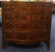 Reproduction mahogany serpentine chest of drawers, inlaid with brushing slide, 76cm wide