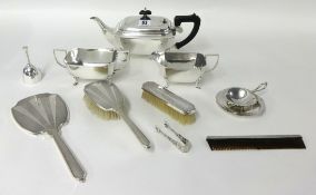 A four piece 1930`s silver back dressing table set and a silver plated tea service etc (10)