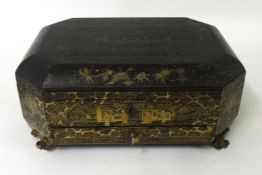 A 19th century Chinese lacquered, gilt decorated and fitted work box, fitted with single drawer,