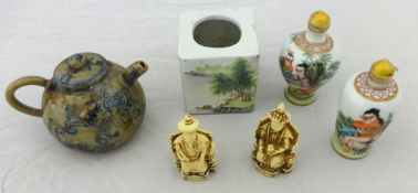 Two reproduction Chinese carved figures, Oriental brush pot and two erotic scene scent bottles and