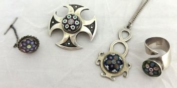 Caithness silver and millefiore pendant, brooch, ring and similar stud