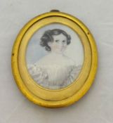 19th century oval portrait miniature `girl with black hair and white dress`, 90mm overall