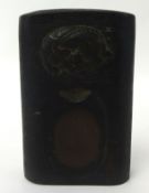 Chinese carved hardstone? writing block with dragon decoration and incised calligraphy,11cm x 7cm