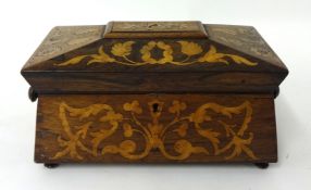A 19th century rosewood and marquetry inlaid sarcophagus tea caddy