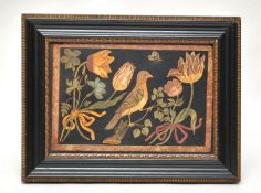 A 19th century pietra dura plaque `Birds and Butterfly` framed, 25cm x 33cm